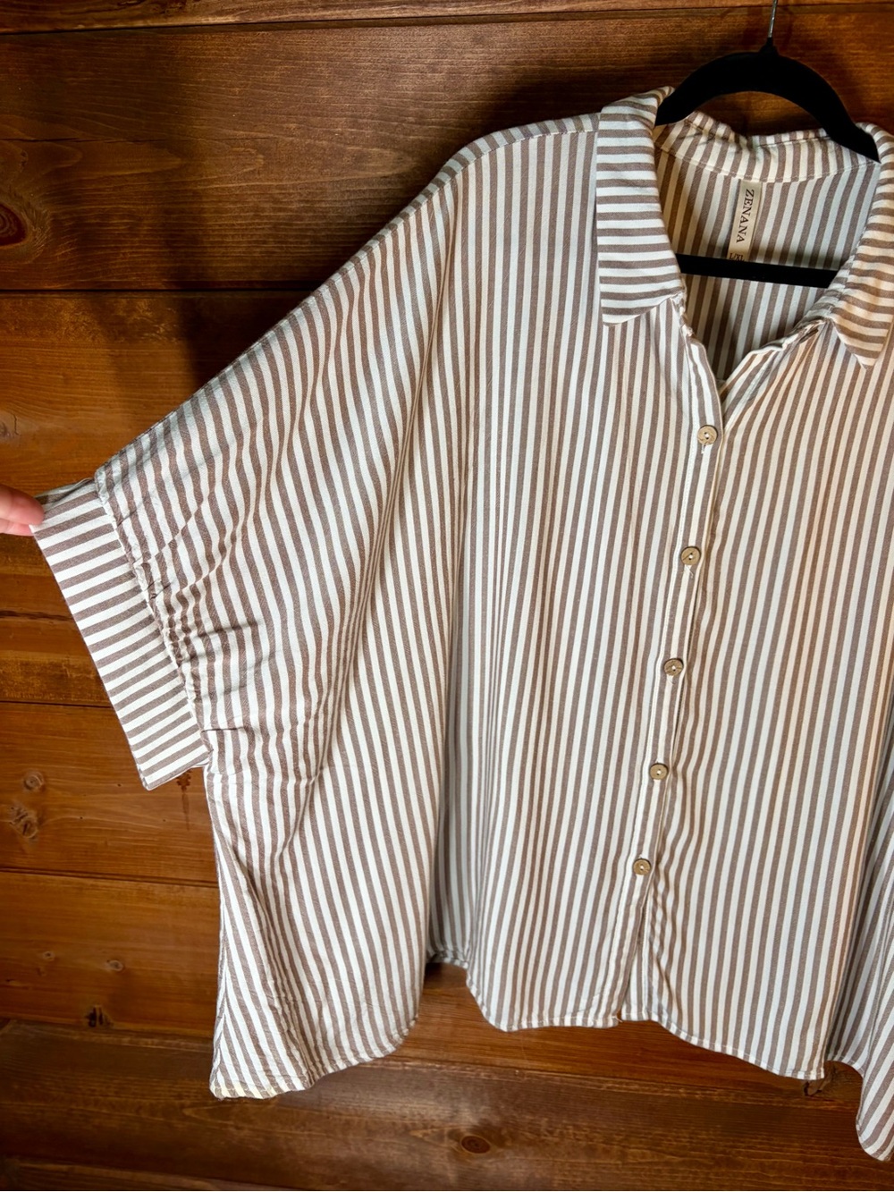 Zenana Outfitters Cream & Taupe Striped Button-Down Oversized Top Size L XL 🌸 - Picture 4 of 7